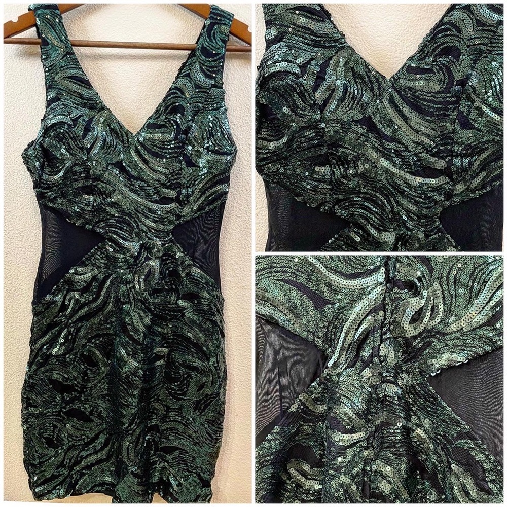 Black & Green Charlotte Russe MEDIUM Sequined & Mesh Holiday Mini Dress